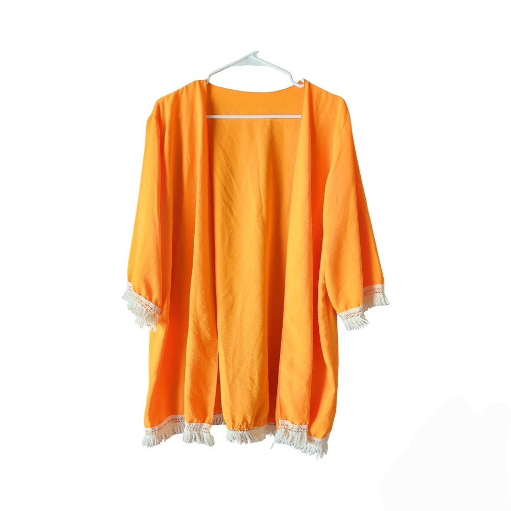 Bright Orange Kimono Cardigan with Fringe Trim - Boho Summer Beach Cover Up #059